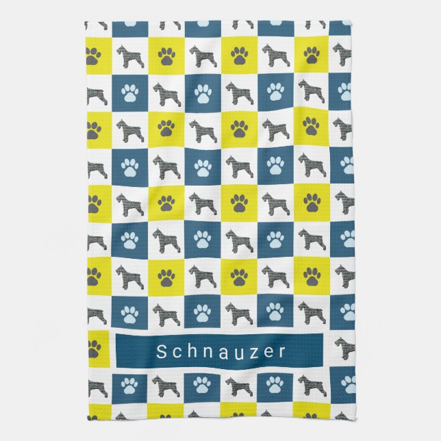 Schnauzer Hund & Tass Gult & Blue Grid Tea Towel Kökshandduk (Vertikal)
