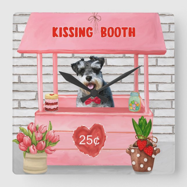 Schnauzer Hund Valentine Day Kissing Booth Fyrkantig Klocka (Framsida)
