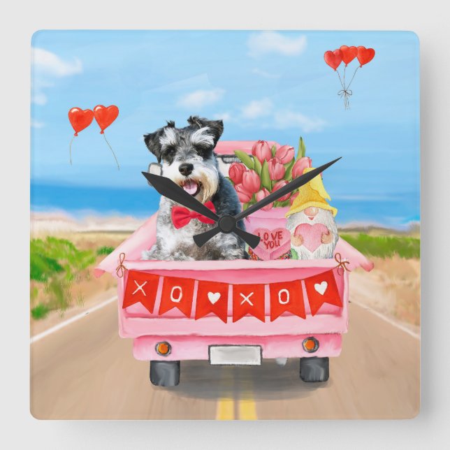Schnauzer Hund Valentine Day Lastbil Hearts Fyrkantig Klocka (Framsida)