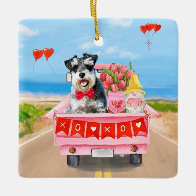 Schnauzer Hund Valentine Day Lastbil Hearts Julgransprydnad Keramik (Framsida)