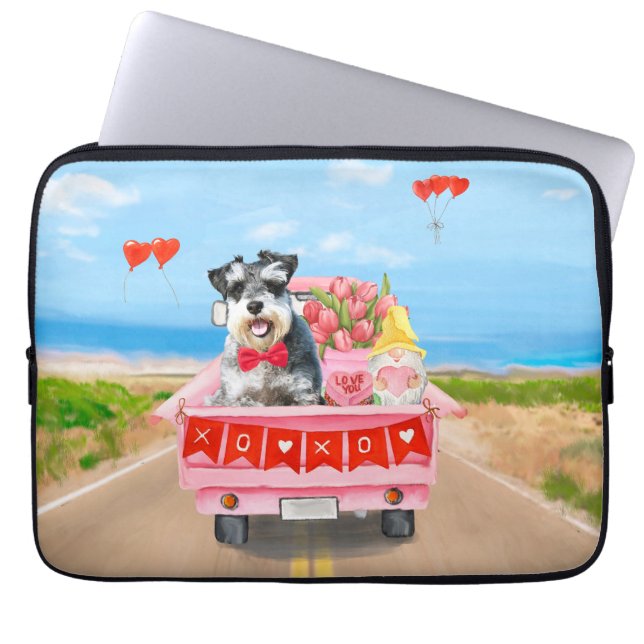 Schnauzer Hund Valentine Day Lastbil Hearts Laptop Fodral (Framsidan)