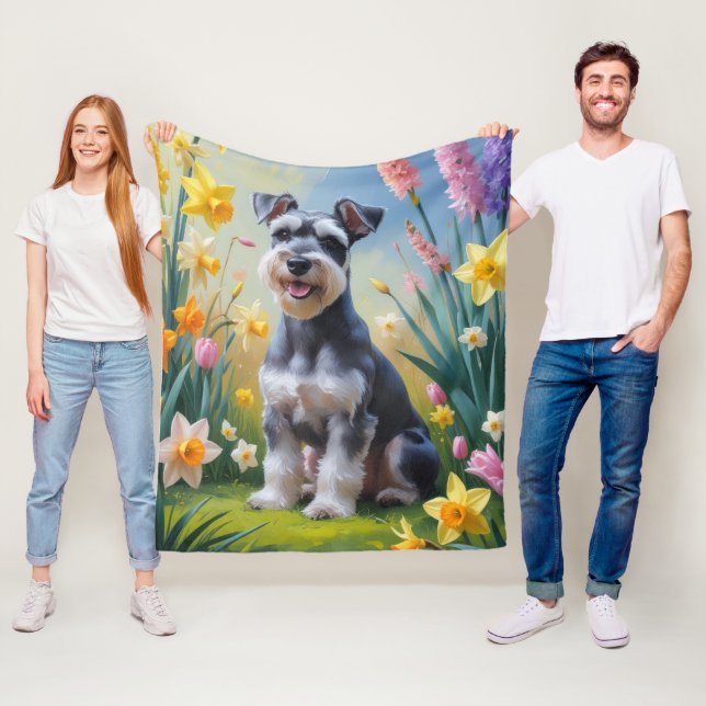 Schnauzer Hund Vårblommor Målning  Fleecefilt (På plats)