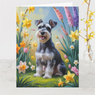 Schnauzer Hund Vårblommor Målning Kort