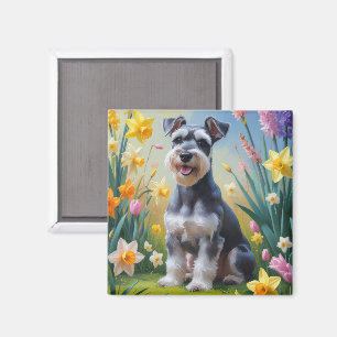 Schnauzer Hund Vårblommor Målning Magnet