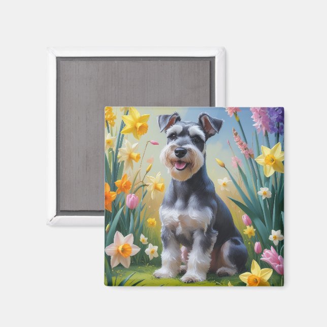 Schnauzer Hund Vårblommor Målning  Magnet (Front/Back)
