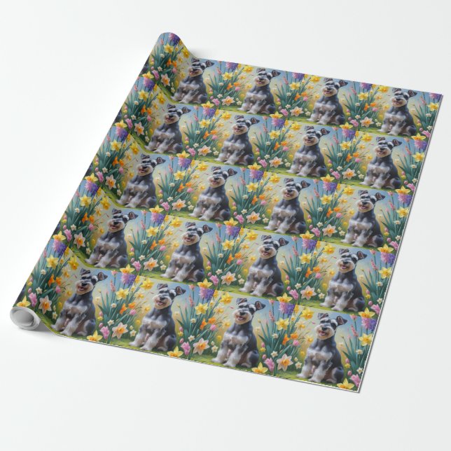 Schnauzer Hund Vårblommor Målning  Presentpapper (Utrullad)