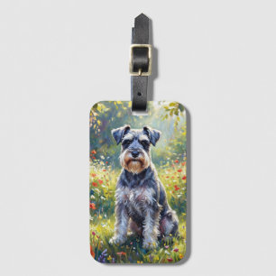 Schnauzer i äng med vilda blommor bagagebricka