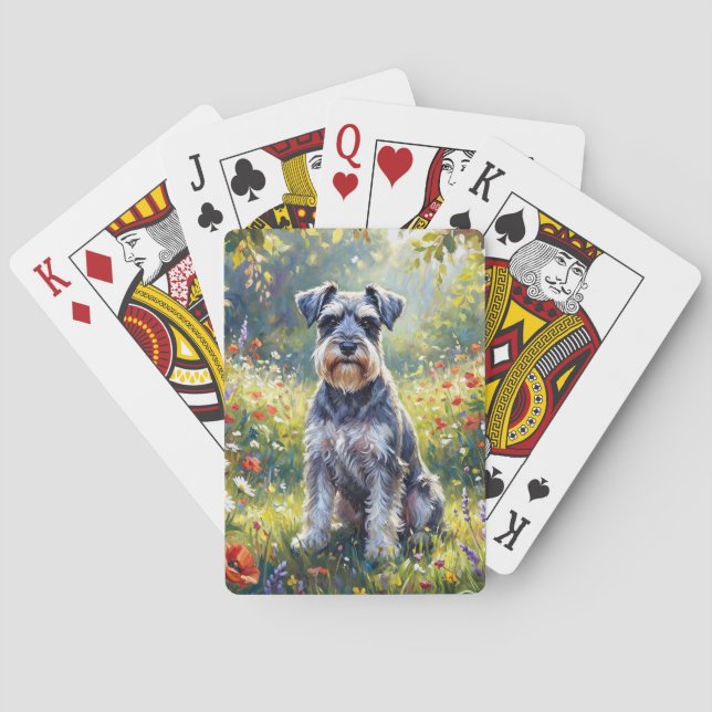 Schnauzer i äng med vilda blommor casinokort (Baksidan)