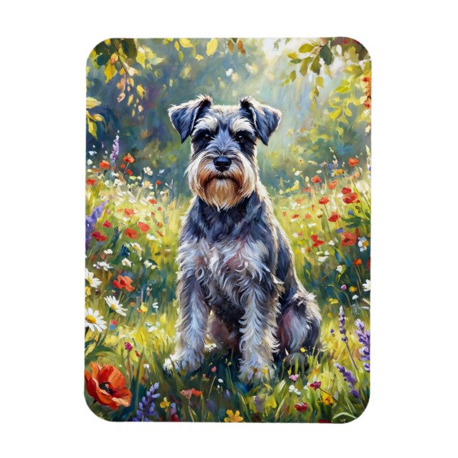 Schnauzer i äng med vilda blommor Flexibel Magnet (Vertikal)