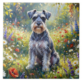 Schnauzer i äng med vilda blommor kakelplatta