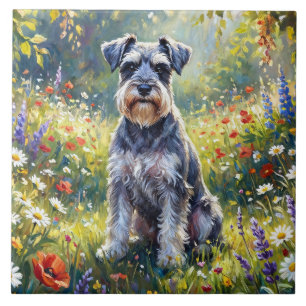 Schnauzer i äng med vilda blommor kakelplatta
