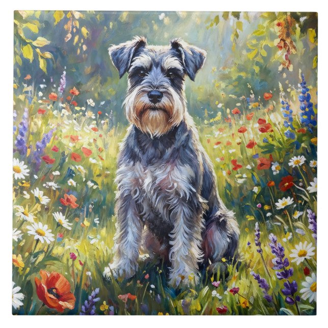 Schnauzer i äng med vilda blommor kakelplatta (Framsidan)