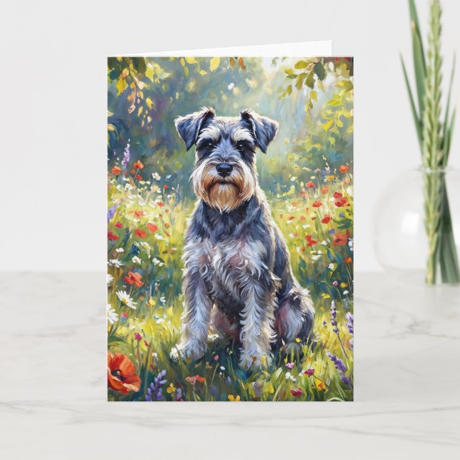 Schnauzer i äng med vilda blommor kort (Framsida)