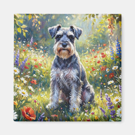 Schnauzer i äng med vilda blommor magnet