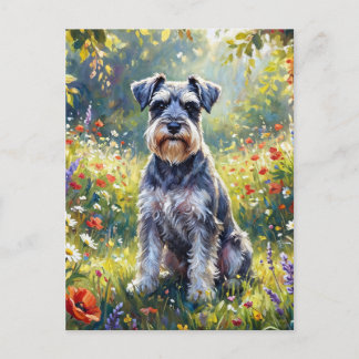 Schnauzer i äng med vilda blommor vykort