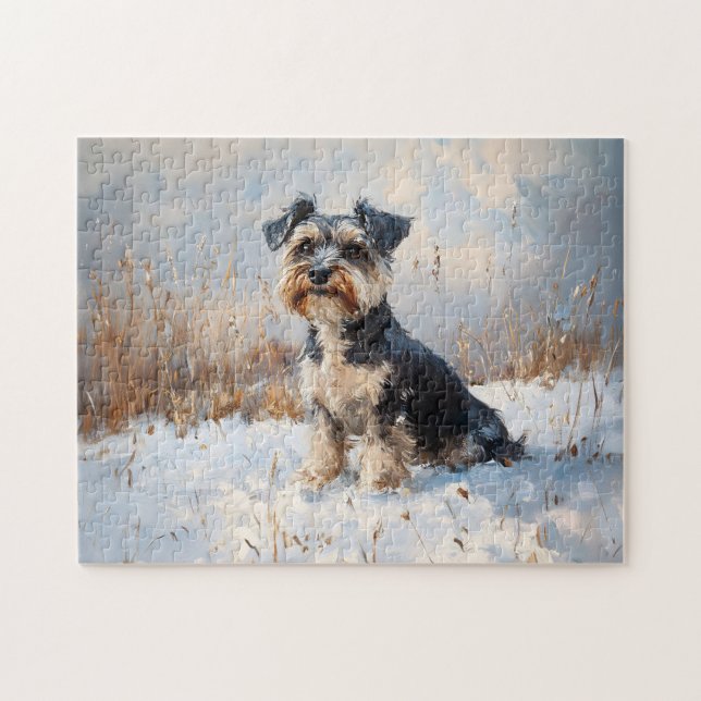 Schnauzer i Winter Snö Pussel (Horisontell)
