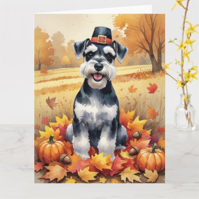 Schnauzer In Höst löv Thanksgiving Art Kort (Gul blomma)