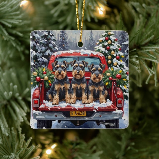 Schnauzer jul röd lastbil högtid julgransprydnad keramik (Träd)