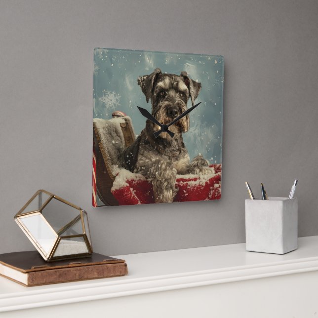 Schnauzer Julfirande Hund Fyrkantig Klocka (Kontor)