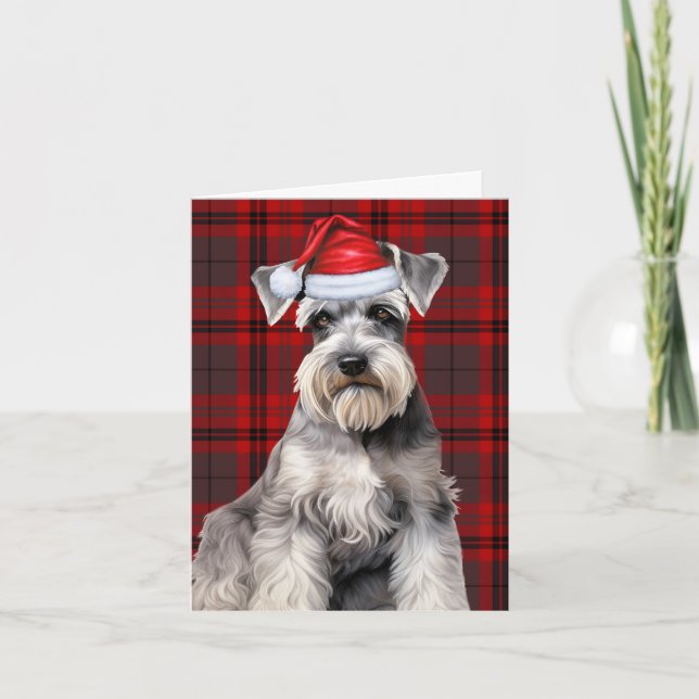Schnauzer julhund röd rutig jul helgkort (Framsida)