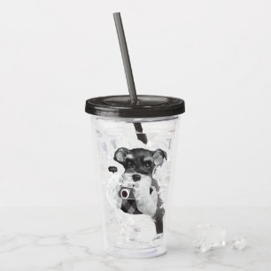 Schnauzer med kamera take away mugg