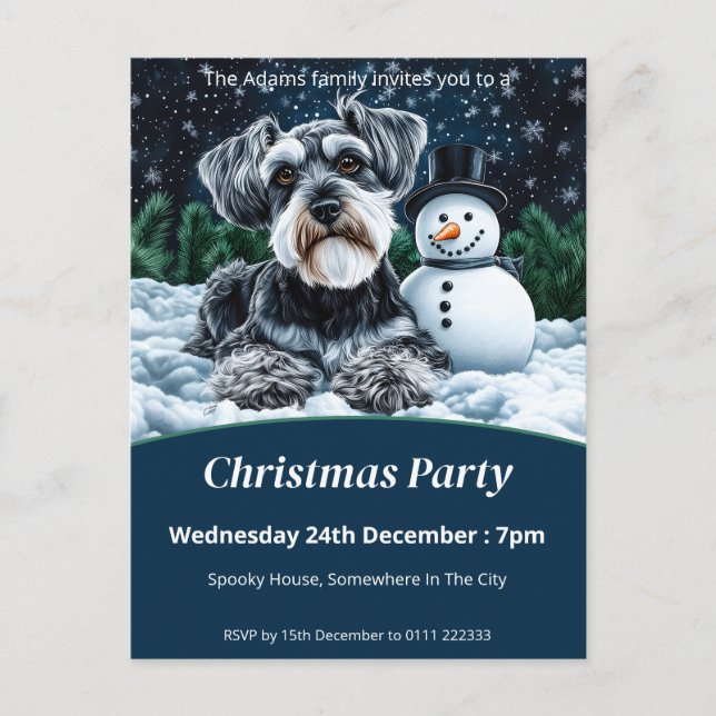 Schnauzer och Snögubbe jul Party Inbjudan Vykort (Framsida)