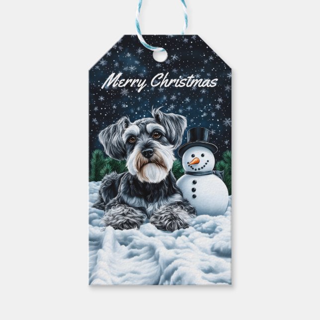Schnauzer- och Snögubbe-julen Presentetikett (Framsidan)