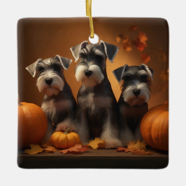 Schnauzer Puppy Autumn Delight Pumpkin Julgransprydnad Keramik (Framsida)