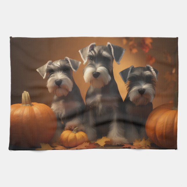 Schnauzer Puppy Autumn Delight Pumpkin Kökshandduk (Horisontell)