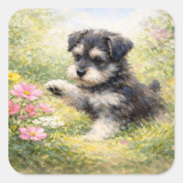 Schnauzer Puppy Springtime Flowers Fyrkantigt Klistermärke