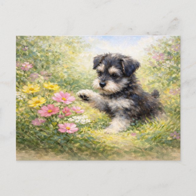 Schnauzer Puppy Springtime Flowers Vykort (Framsida)