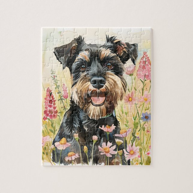 Schnauzer Pussel – Hundälskarens Vattenfärgsspel (Vertikal)