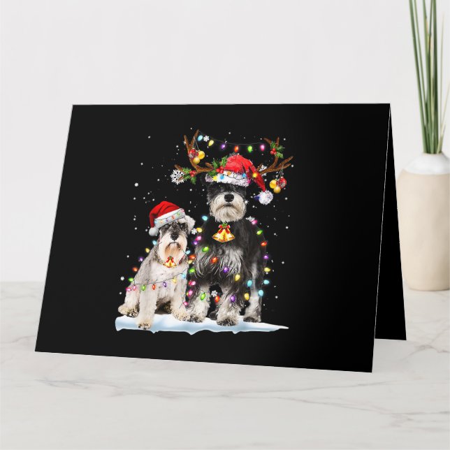 Schnauzer Reindeer Santa Hat Julafton Ljus jul Kort (Framsida)