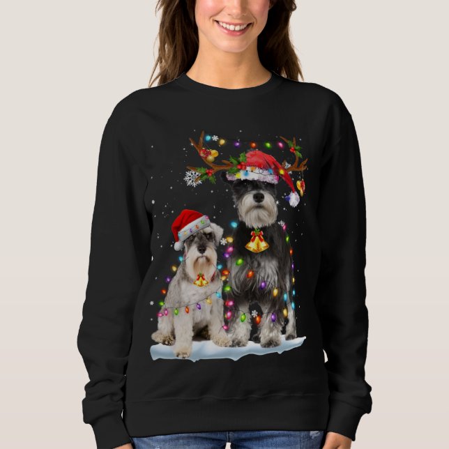 Schnauzer Reindeer Santa Hat Julafton Ljus jul T Shirt (Framsida)
