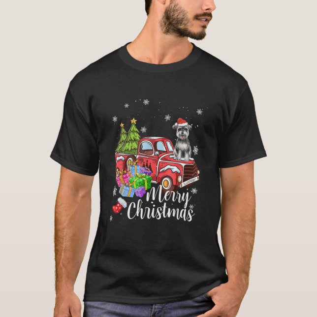 Schnauzer Riding Red Lastbil Julafton God jul T Shirt (Framsida)