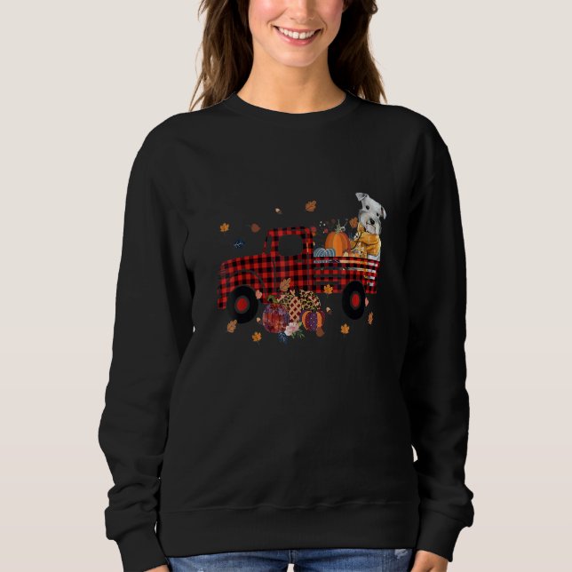 Schnauzer Riding Truck Pumpkin Autumn Leaves Fall T Shirt (Framsida)