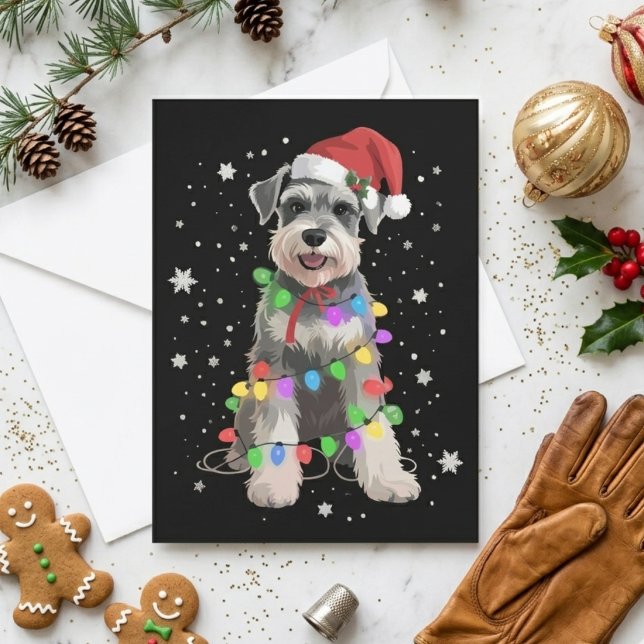 Schnauzer Santa Hatt Julbelysning Högtid Hund Julkort (Skapare uppladdad)