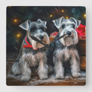 Schnauzer Snowy Sleigh-juldekretet Fyrkantig Klocka