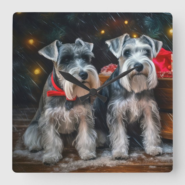 Schnauzer Snowy Sleigh-juldekretet Fyrkantig Klocka (Framsida)