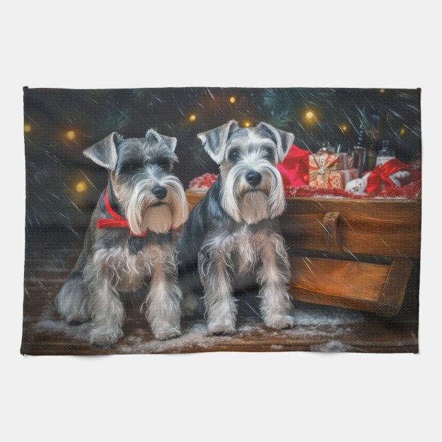 Schnauzer Snowy Sleigh-juldekretet Kökshandduk (Horisontell)