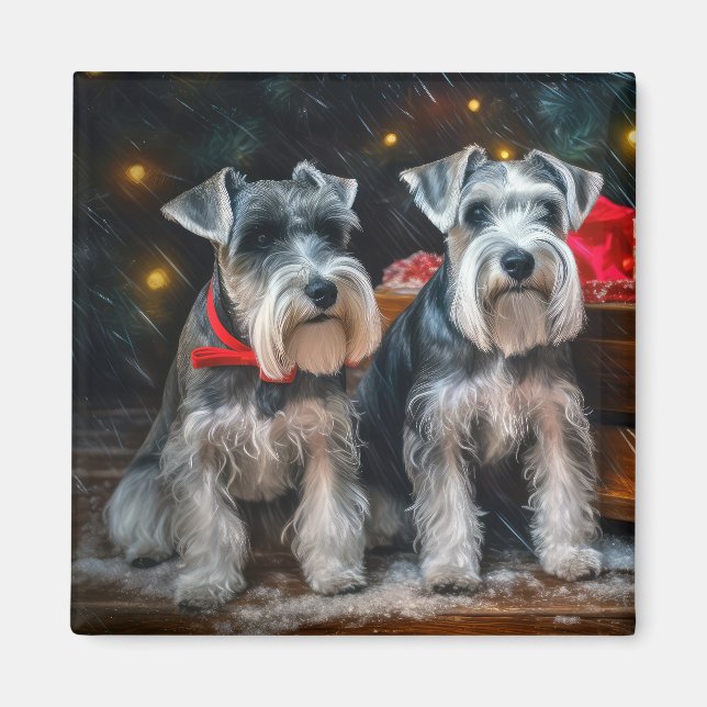 Schnauzer Snowy Sleigh-juldekretet Magnet (Framsidan)