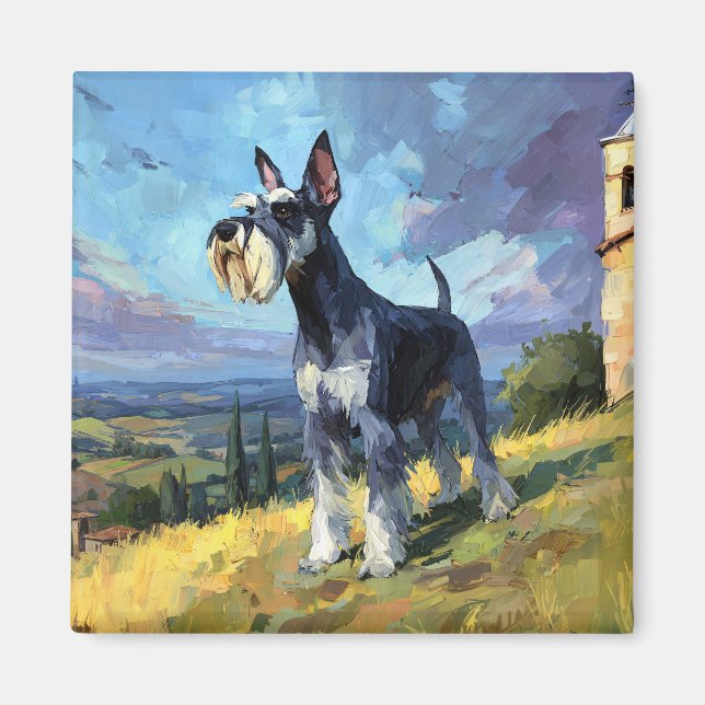 Schnauzer Solbelyst Landskaps Konst Magnet (Framsidan)