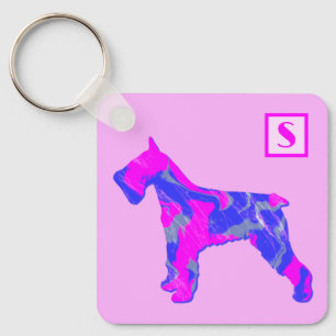 Schnauzer Söt Hund Rosa & Blå Silhuett Monogram Nyckelring