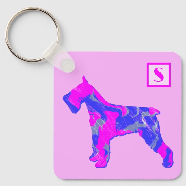 Schnauzer Söt Hund Rosa & Blå Silhuett Monogram Nyckelring (Framsida)