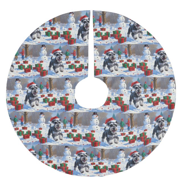 Schnauzer springar i snö med julhatt julgransmatta borstad polyester (Framsidan)