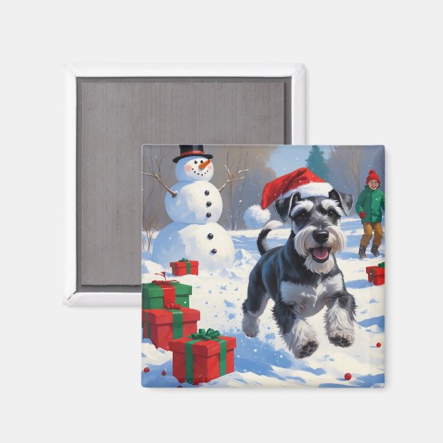 Schnauzer springar i snö med julhatt magnet (Front/Back)
