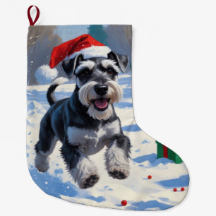 Schnauzer springar i snö med julhatt stor julstrumpa