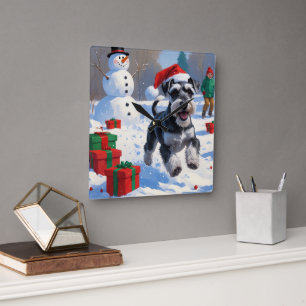 Schnauzer springer i snö med julhatt fyrkantig klocka