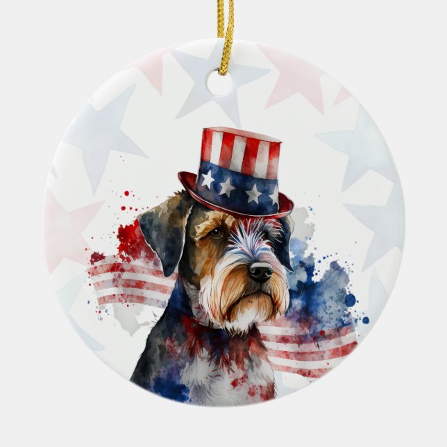 Schnauzer terrier Hund, 4 juli Personlig Julgransprydnad Keramik (Framsidan)