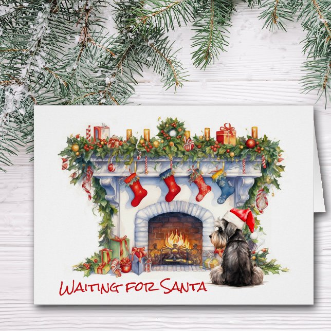 Schnauzer Terrier Vänta på Santa Fireplace Hälsningskort (Skapare uppladdad)
